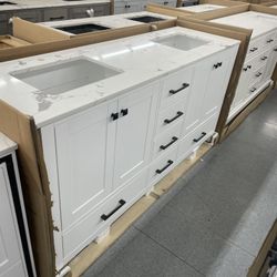Bathroom vanity cabinet 72” solid mango Quartz top with sinks and backsplash 