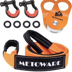 METOWARE Offroad Recovery Kit - 10 Ton Heavy Duty Winch Snatch Block Pulley, 3" x8' Tree Saver Strap and 2pk 3/4" D Ring Shackles