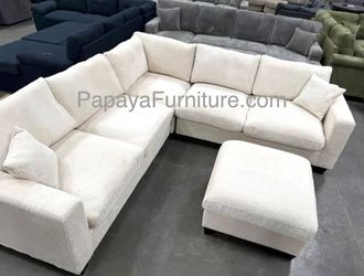 NEW Modern Ivory White Fabric L Shape Sectional Sofa and Ottoman Set Ashley Style BIG SALE Beige Designer Couch Set Discount Furniture Warehouse SALE