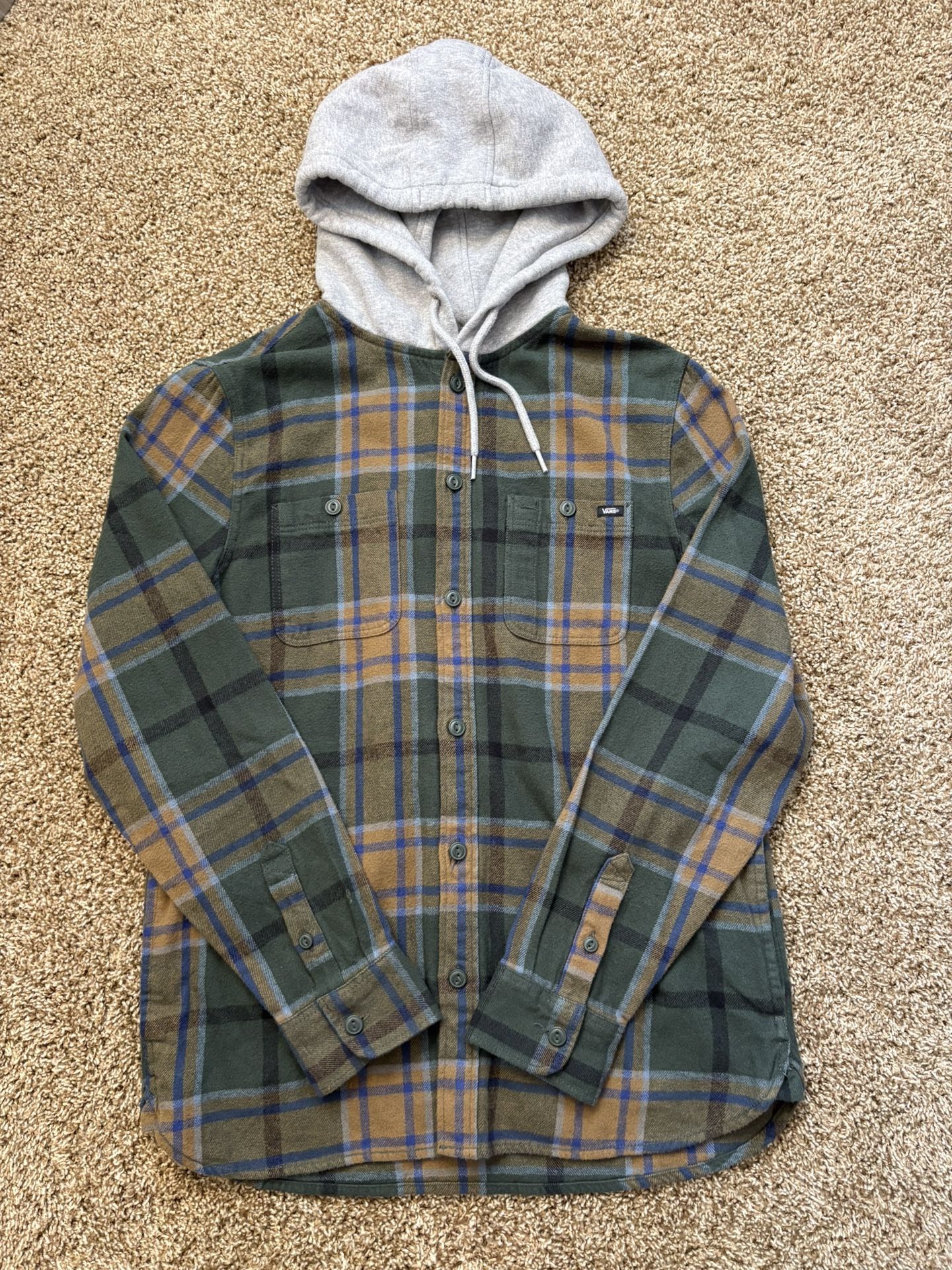 Vans Classic Fit Hooded Flannel Shirt Green Brown Plaid Mens Size Small