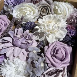 a Box Of Multicolor Purple/lavender/white Artificial Flowers Roses Peonies Dahlias for Wedding DIY, Baby Shower, Bridal Shower, Birthday 