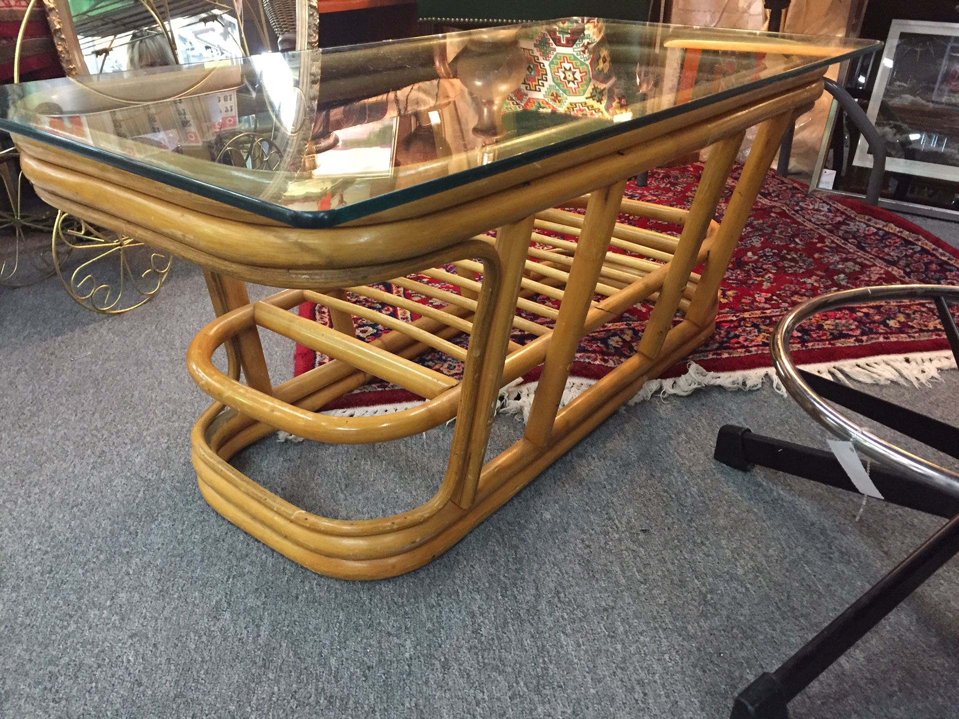 Mid Century Rattan Bamboo Glass Top Coffee Table