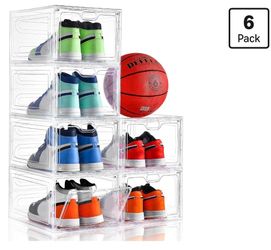 6 Pack Large Shoe Storage Box, Clear Shoe Storage Organizer with Magnetic Door, Stackable,Shoe Containers For Display Sneakers, Easy Assembly, Fit up 
