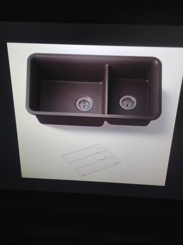 New Kohler Cairn Smart Divide 33.5" Kitchen Sink Neoroc Granite Composite Undermount Double Bowl Matte Brown 