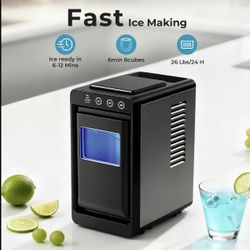 Kismile Countertop Ice Maker Machine 8 Bullet Ice in 6 Mins 26.5lbs/24Hrs Self-Cleaning with Blue Lighting Selectable Ice Size & Touch Display for Hom