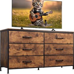 Fabric And Wood  Six Draw Dresser In Rustic Brown - New  