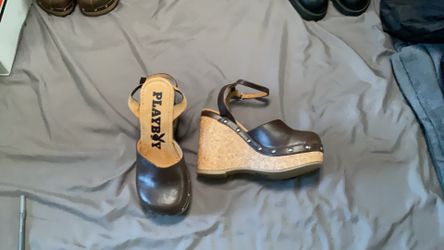 Playboy Size 6 1/2 inch Brown,4 3/4 inch Wedge Heel Closed-Toe Sandals.