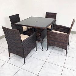(New in box) $250 (5-Piece) Wicker Dining Set Indoor Outdoor Patio Furniture 35x35” Glass Table w/ Umbrella Cutout, 4 Chairs