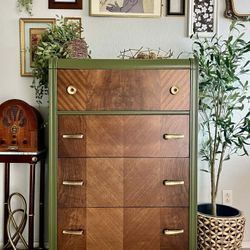 1930's olive green Art deco waterfall dresser with walnut and gold accents 
