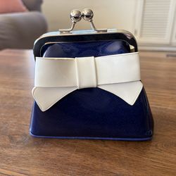 Sourpuss Super Floozy Blue and White Kiss Lock Coin Purse with Bow