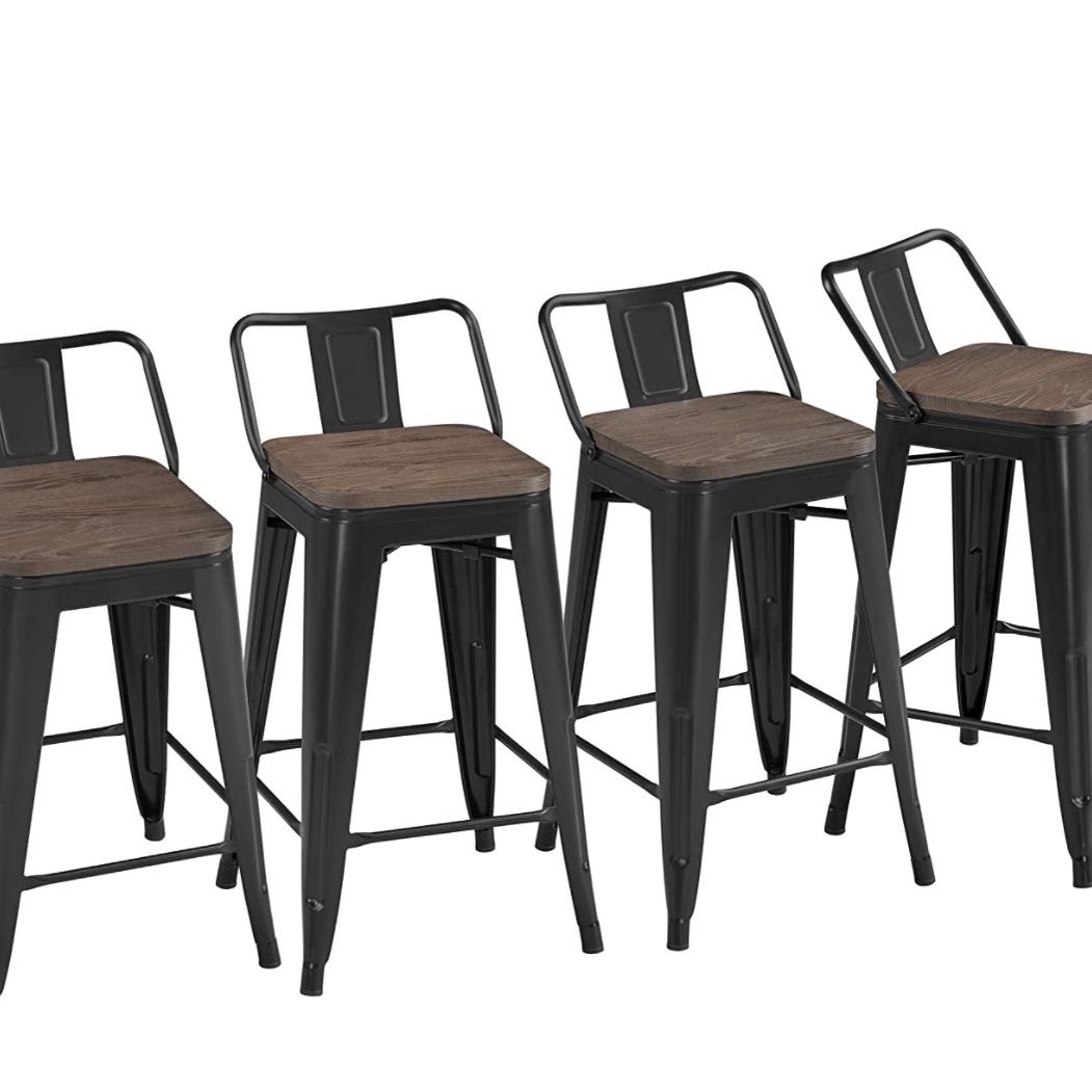 24'' Metal Bar Stool 4PCS Low Back Conuter Stools for Indoor/Outdoor Barstools Metal Black Stools Bar Chairs w/Wooden Seat Metal Leg Industrial Counte