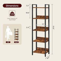 Bookshelf, 5-Tier Bookcase, Standing Book Shelf for Small Space, Storage Shelf Organizer, for Living Room, Bedroom, Study, Balcony, Rustic Brown and B