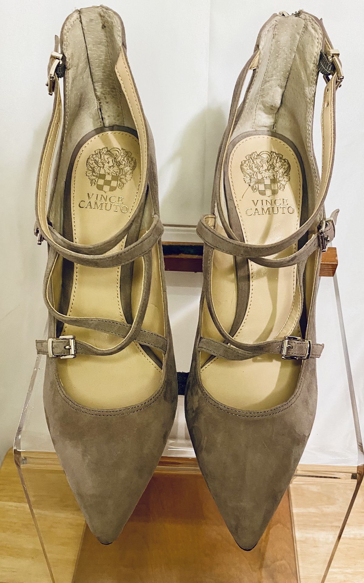 Vince Camuto Tan Double Strap Heels with Pointed Toe