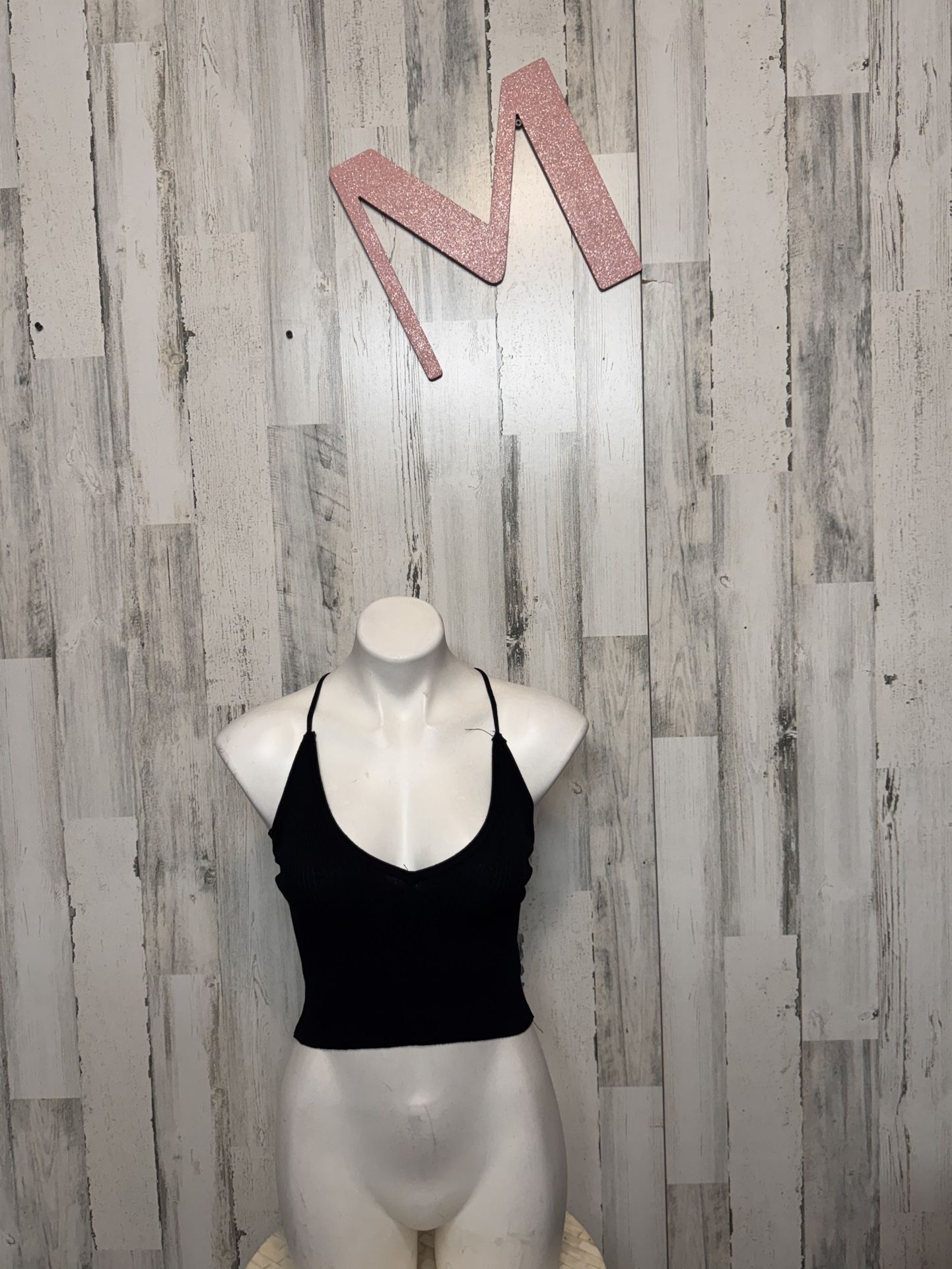 Love Tree Black Lace-Up Back Ribbed Crop Top  Size M