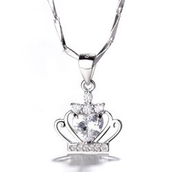 S999 Sterling Silver Crystal Zircon Crown Heart Pendant Necklace