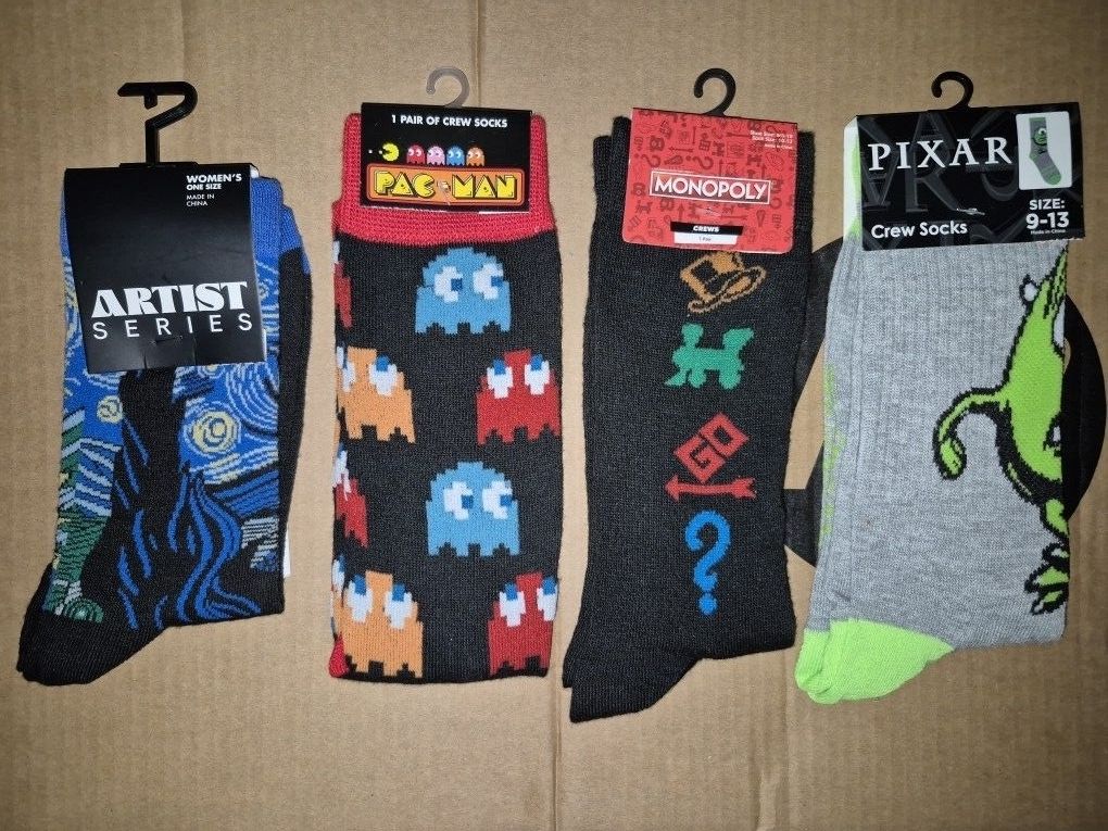 Iconic Crew Socks, Starry night, pack man, monopoly, & monsters inc