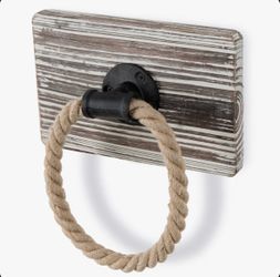 Rustic Wood and Rope Towel Ring Holder Set of 2