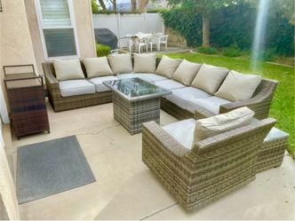 Outdoor Wicker Sectional Sofa Set with Fire Pit Table