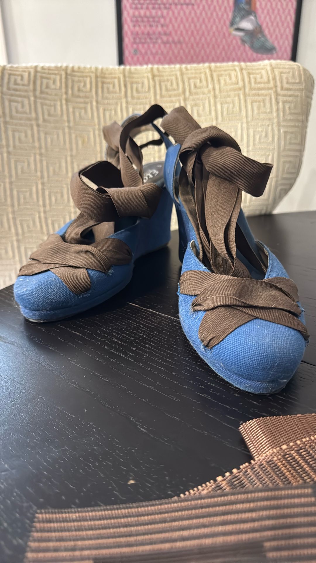 Royal Blue and Brown Espadrilles Wedges - Shoes