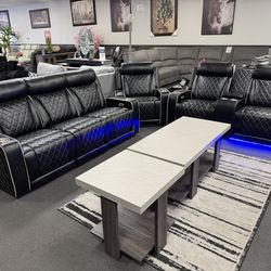 Black Leather Sofa & Loveseat + FREE Recliner Chair