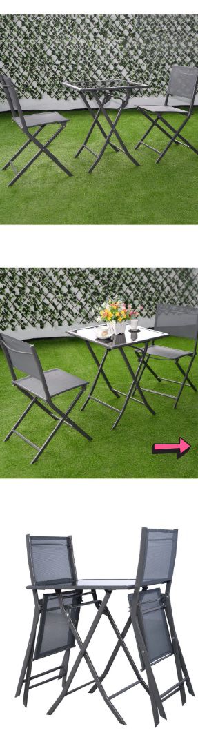 NEW (3 Piece) Contemporary Outdoor Bistro Set - Patio Home Folding Chairs & Top Glass Table - Stackable Seat Garden Pool Poolside Furniture - ↓READ↓