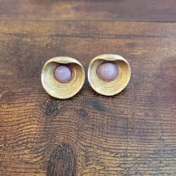 Vintage Clip-on Earrings Textured Goldplated Sterling Silver Central Cabachon Purple Glass tone F12