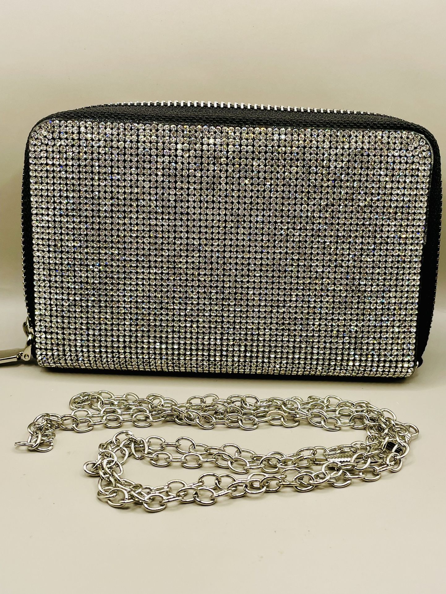 Rhinestone Clutch Walket Bag With Black Trim. Woman’s Evening Purse