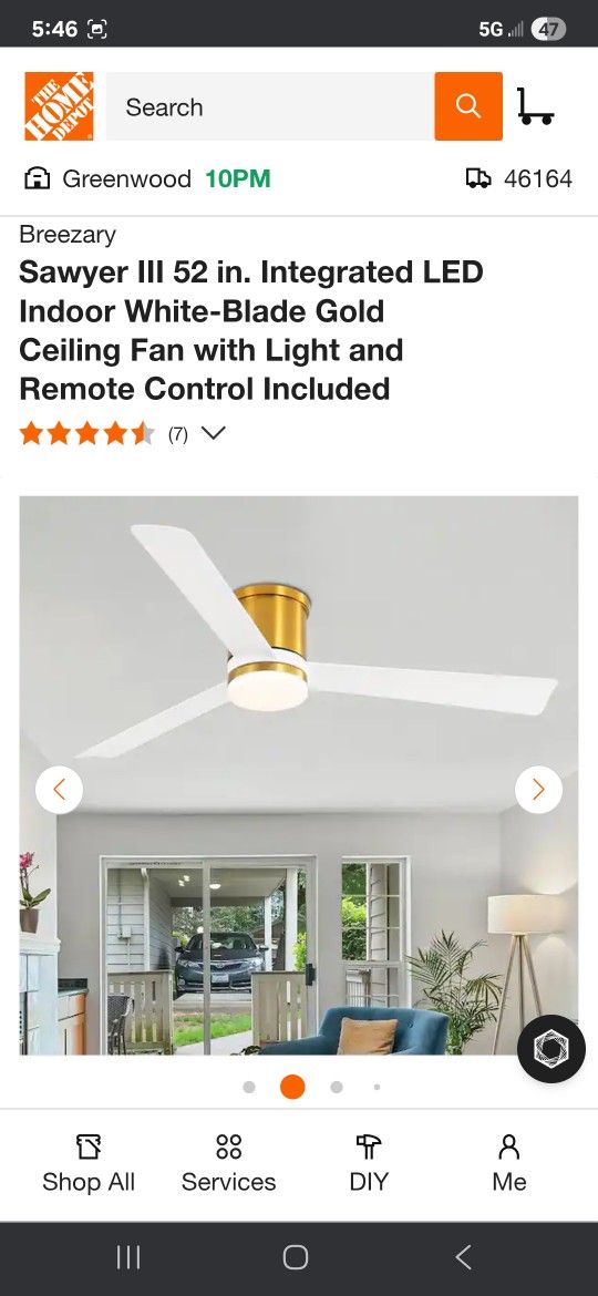 Sawyer III 52 in. Integrated LED Indoor White-Blade Gold Ceiling Fan with Light and Remote Control Included