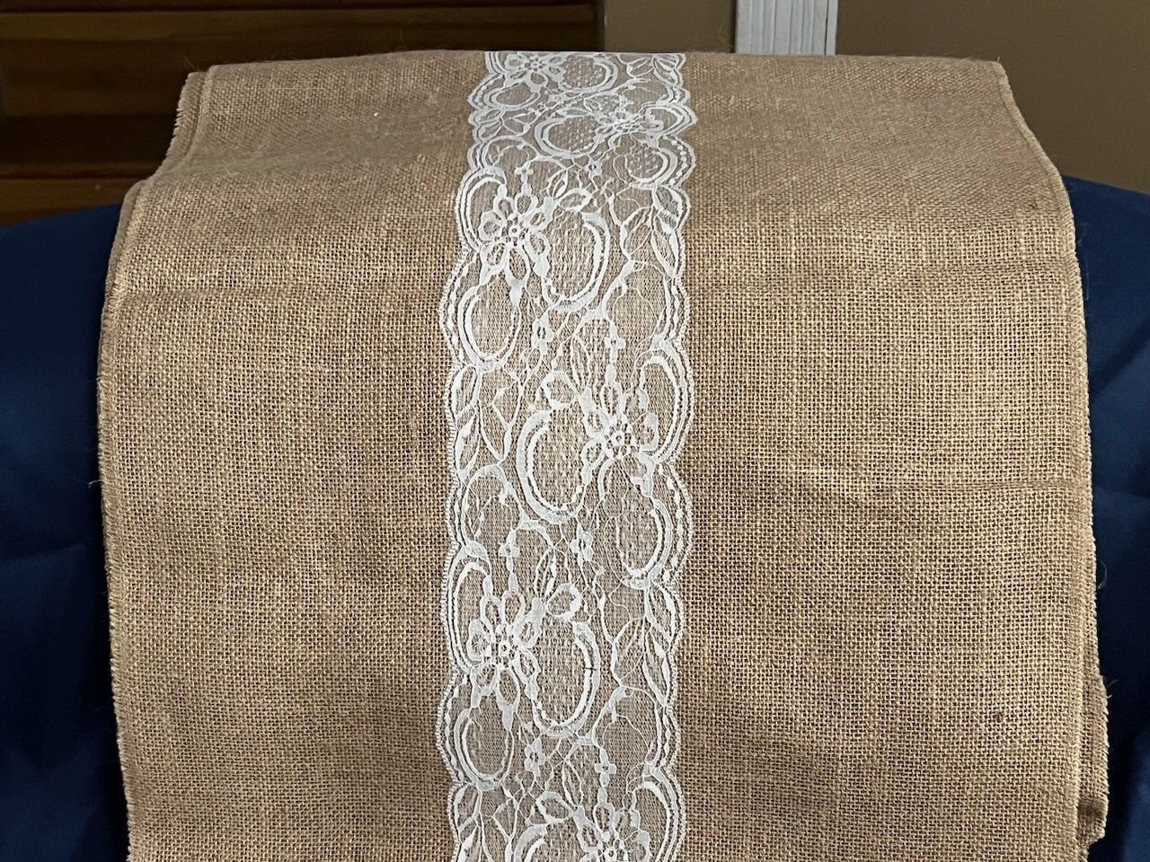10 Burlap Table Runners with lace middle. 8' long 12" wide 