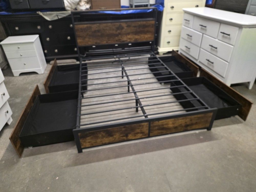 Modern Brown Rustic Style Full Size Platform Bed Frame with 4 Drawers