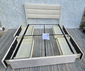 Full Upholstered Bed With 4 Side Drawers,platform Kieranne Ivory Beige Metal Frame,BRAND NEW