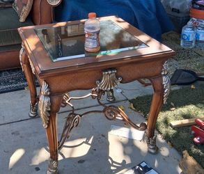 Ornate Wood and Glass End Table