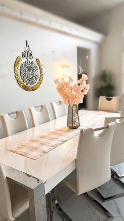 Modern White High-Gloss Dining Set with 8 Leather Chairs