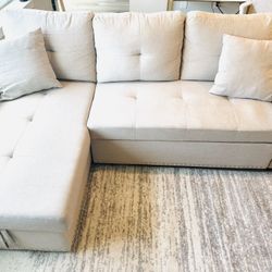 L-Shaped Polyester Linen Blend Fabric Sleeper Sofa Bed & Storage Chaise, Square Arms, Wide Reversible, for Living Room in 