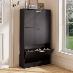 219 LYNSOM Shoe Cabinet, Free Standing Tipping Bucket Shoe Rack Organizer with 3 Flip Drawers, Modern Entryway Shoe Storage with Top Display, Narrow S