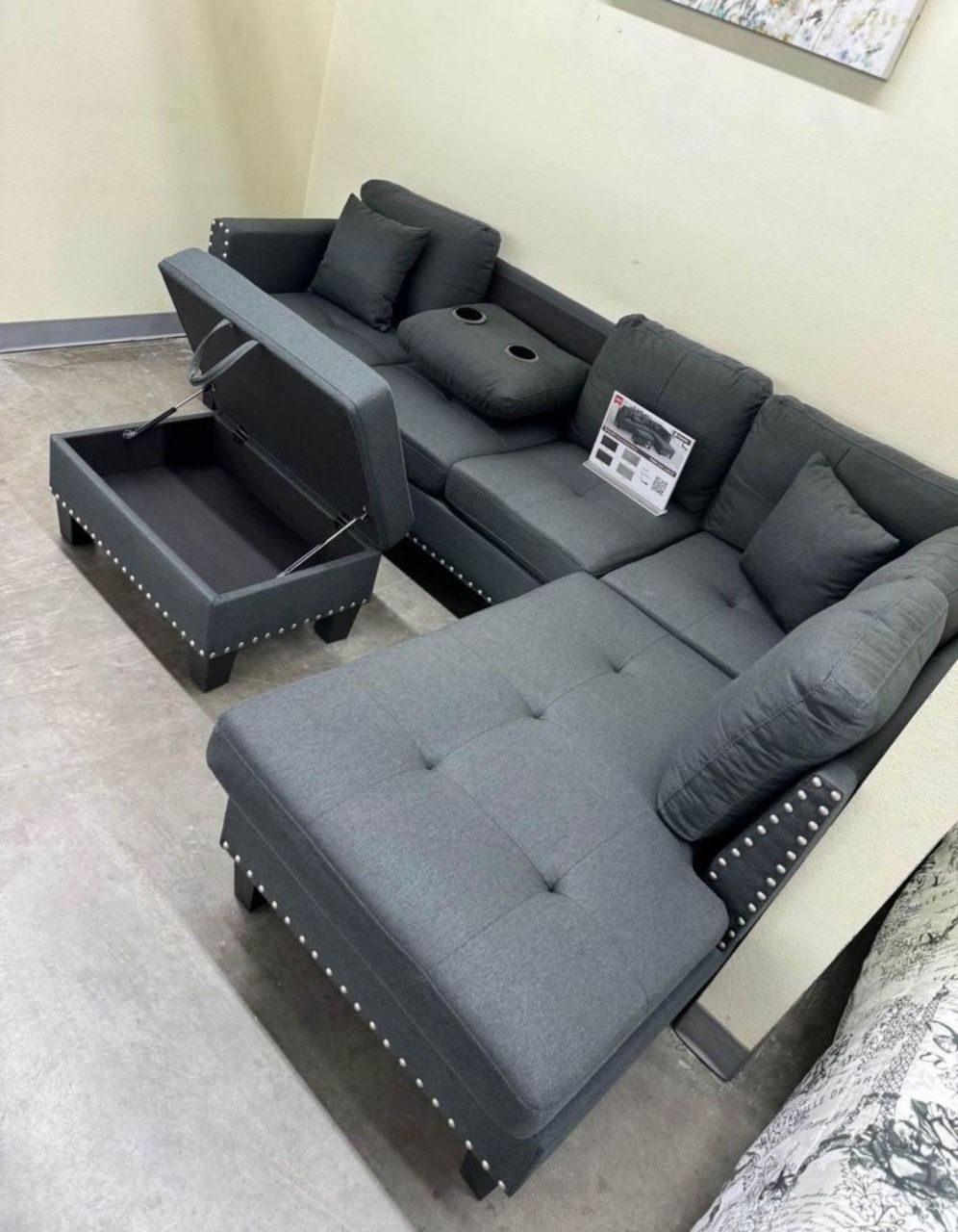 L Shape Grey Fabric Sectional Sofa With Ottoman