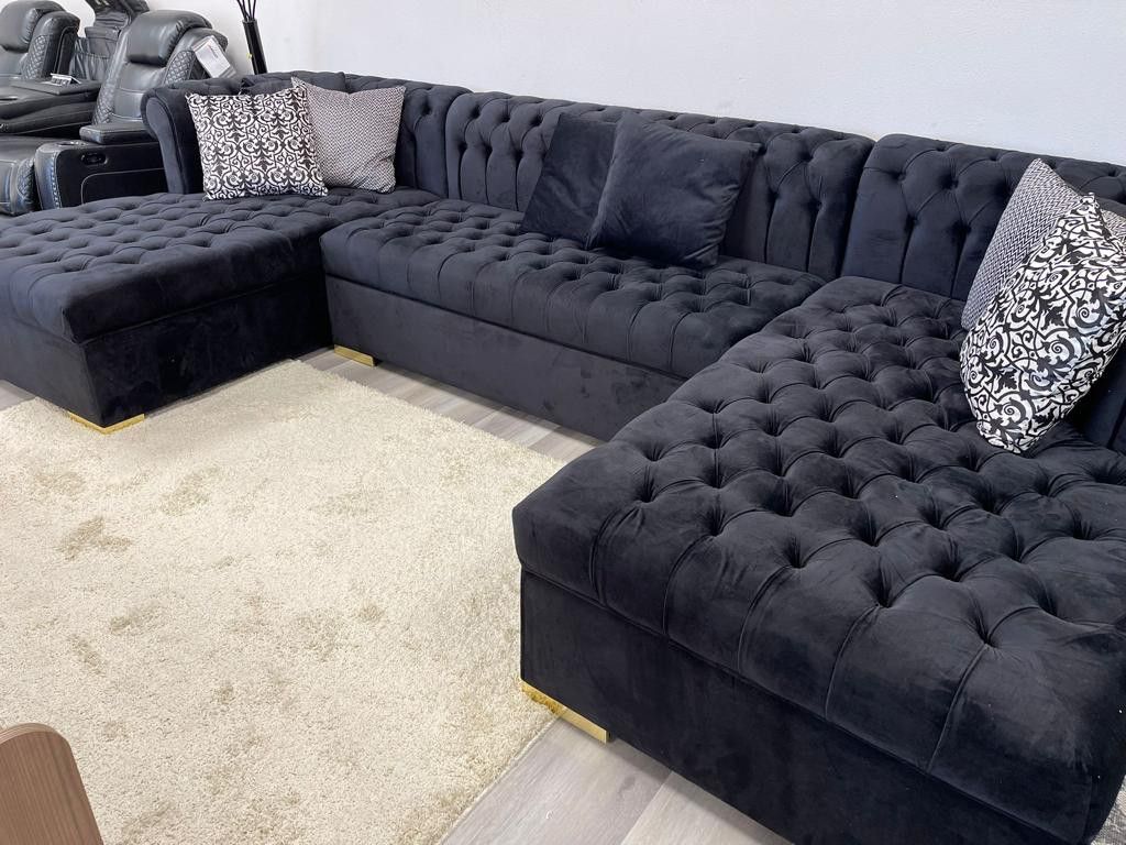 Black - Velvet - Double Chaise "U" Shape Sectional Sofa, Elegant,Chic, Sameday Delivery
