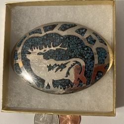 Vintage Belt Buckle Crush Turquoise Elk Deer Design