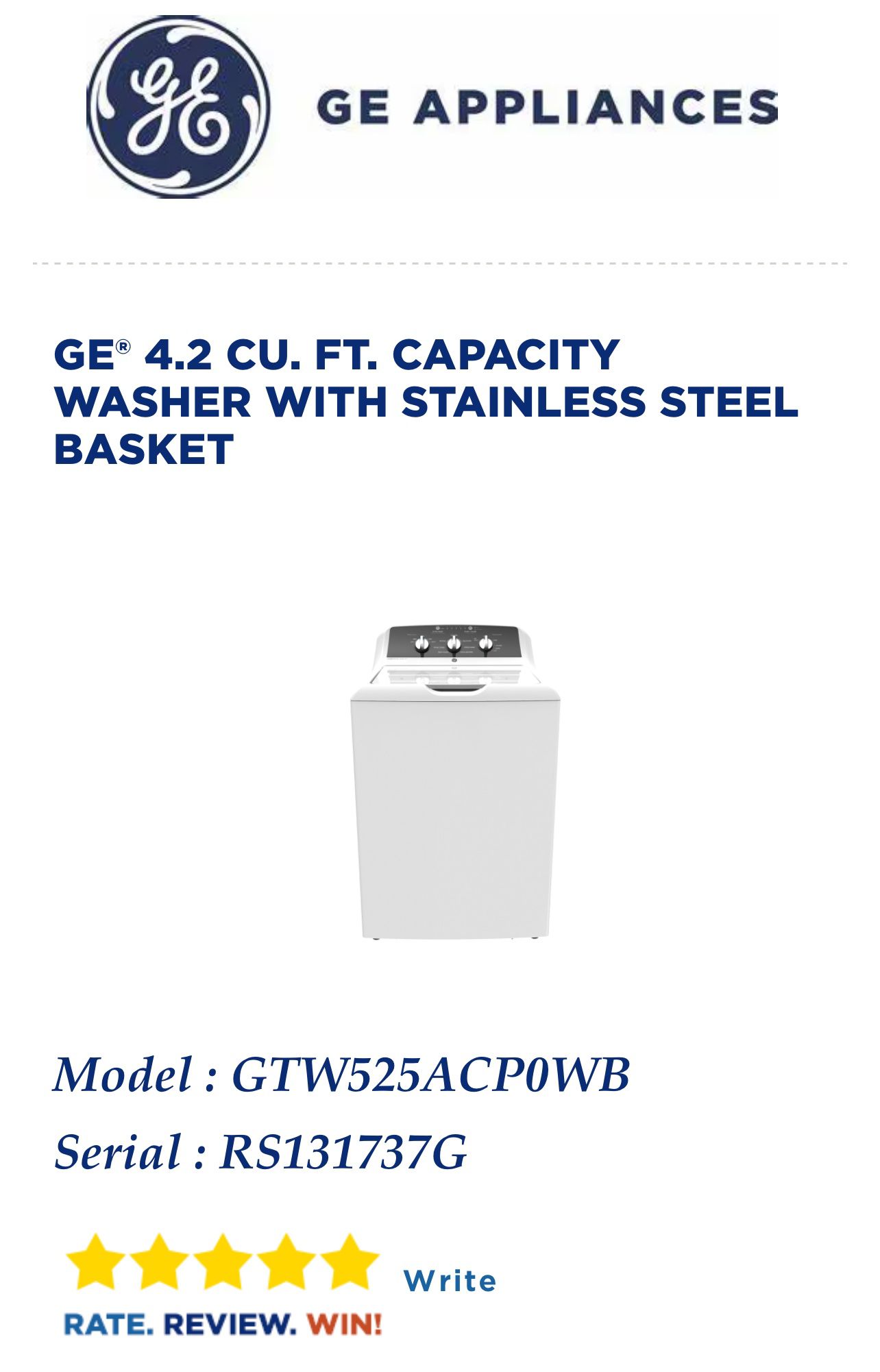 GE® 4.2 CU. FT. CAPACITY WASHER WITH STAINLESS STEEL BASKET