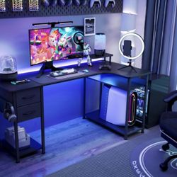 GTRACING 51" L-Shaped Gaming Desk with 2 Drawers, Adjustable Shelf Height, Carbon Fiber Office Computer Desk