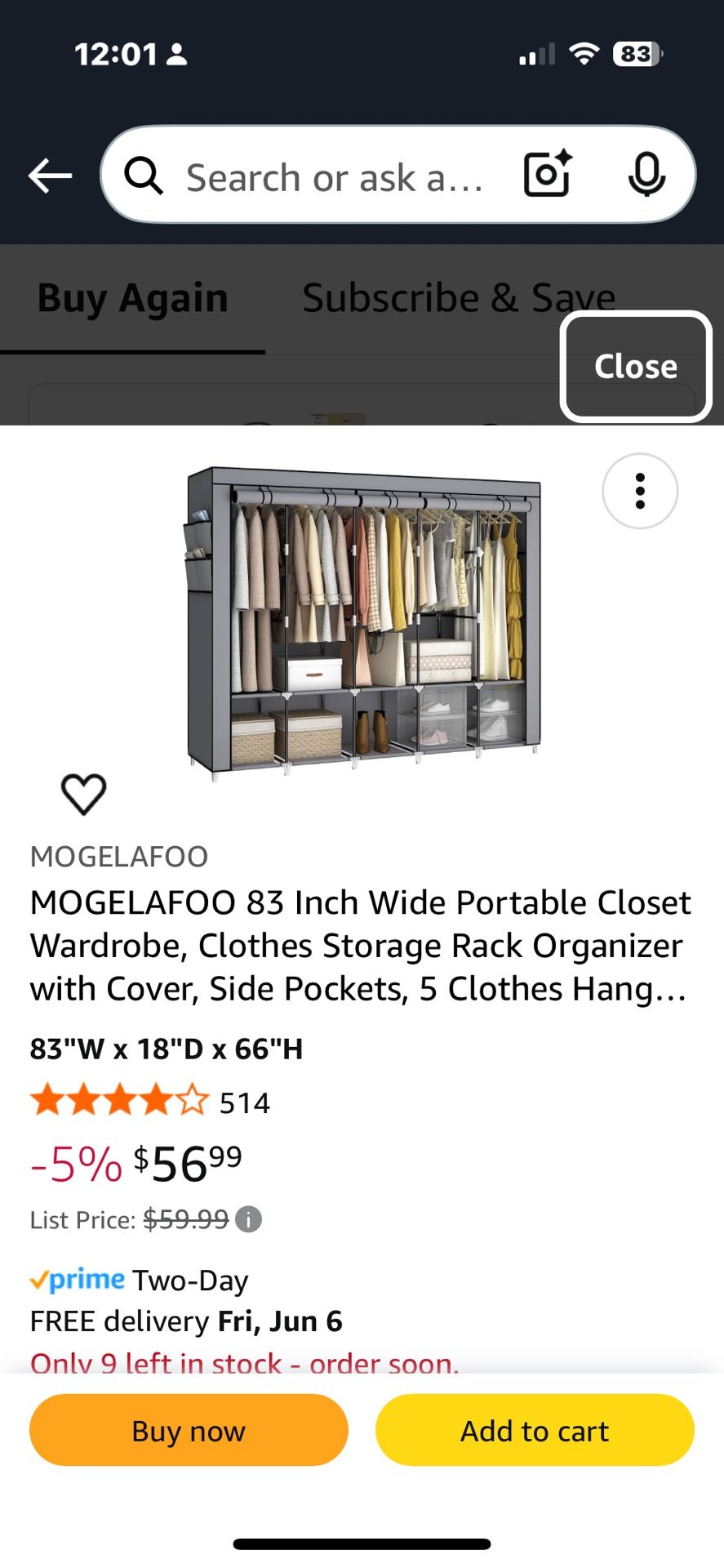 Slightly Used Portable wardrobe Closet