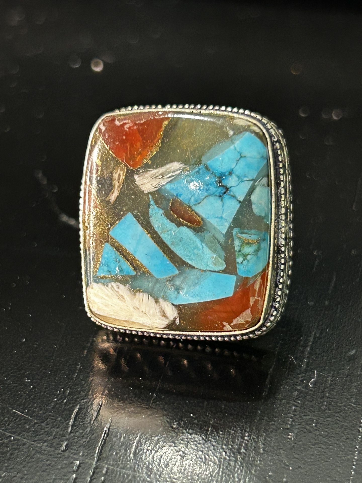 Vintage Ring Size 6.75 Silver 925 Spiny Oyster Square Arizona Turquoise Chunky Large Rectangular