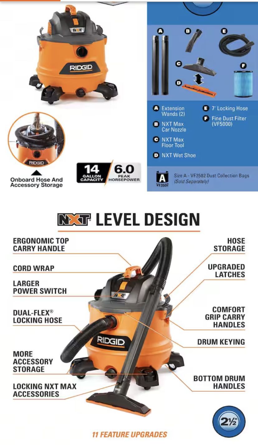 14 Gallon 6.0 Peak HP NXT Shop Vacuum Wet Dry Vac with Fine Dust Filter, Locking Hose, Wands and Accessory Attachments