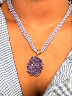 Natural Amethyst Pendant Necklace on Purple Cord