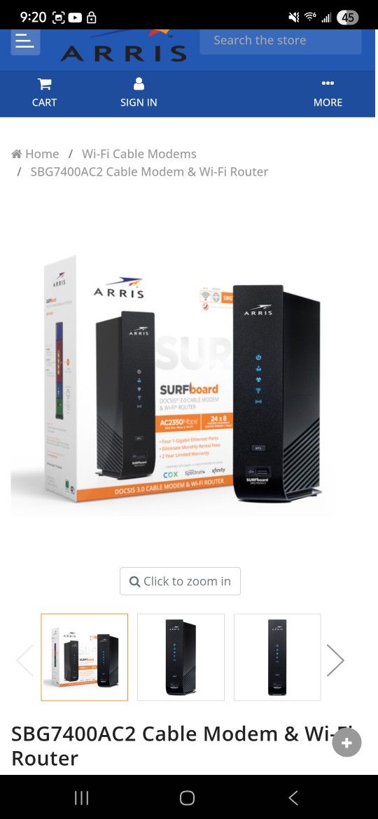 Arris SBG7400AC2
SURFboard® DOCSIS® 3.0 Cable Modem & Wi-Fi® Router