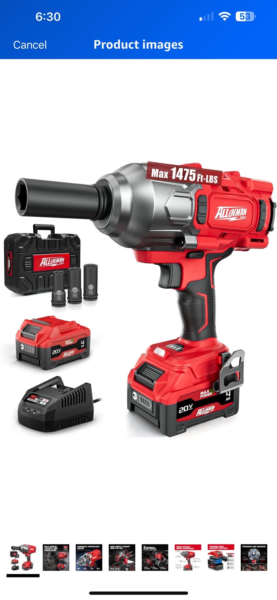 Alloyman Cordless Impact Wrench, 1475Ft-lbs (2000N.m) 1/2 High Torque Brushless Impact Gun, 20V Power Impact Driver, 4000mAh Battery,3 Sockets, Brushl