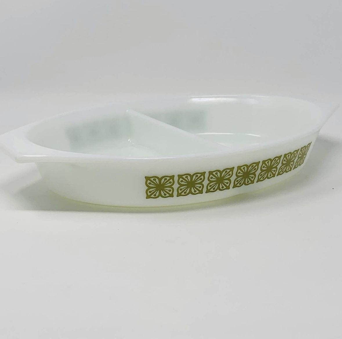 Vintage Pyrex Square Flowers Verde Divided Casserole Dish 1 1/2 Quart with  Lid