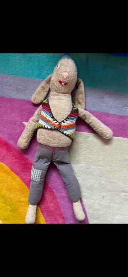 Rare older Maileg stuffed bunny rabbit plush toy. Some runs and missing plush material on face and body. Pilling to clothes and snags in knit vest. $6