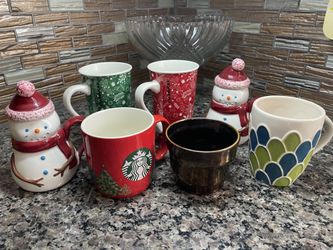 7 Starbucks Coffee Mugs Lot: Snowmen,  Holiday, Peacock Print, Bronze Metallic