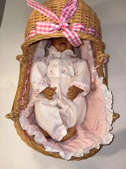 KS Toys Baby Doll with Wicker Bassinet Basket Pink Gingham Bedding